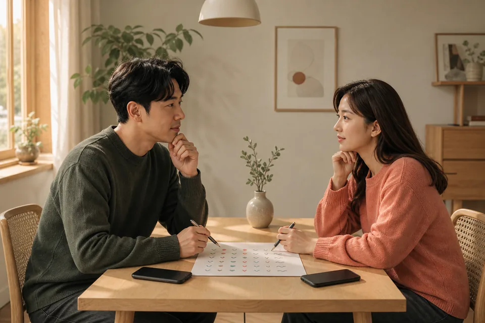 두 사람이 궁합 결과를 참고해 서로의 생활 기준을 차분히 대화하는 장면