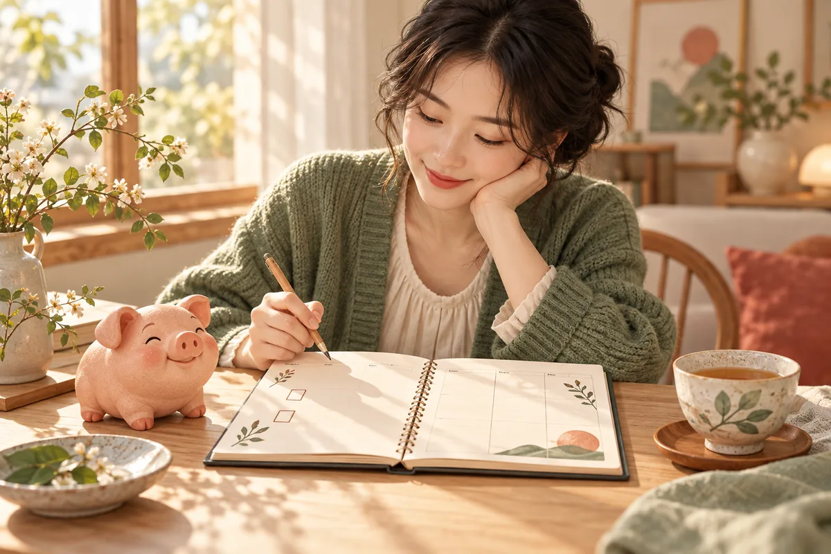돼지 모형 옆에서 주간 플래너에 체크할 일을 적으며 하루를 정리하는 사람