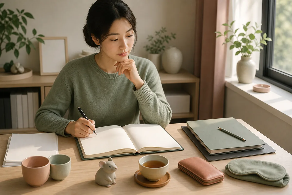쥐띠 운세를 읽은 뒤 빈 플래너에 오늘의 선택을 정리하는 사람과 작은 쥐 인형